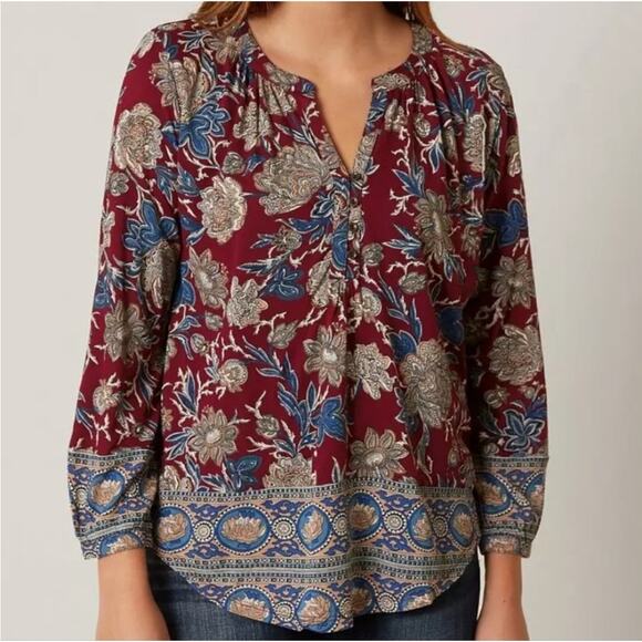 Lucky Brand burgundy, Blue Floral High Low Hem Henley bohemian hippy plus size - Picture 1 of 12